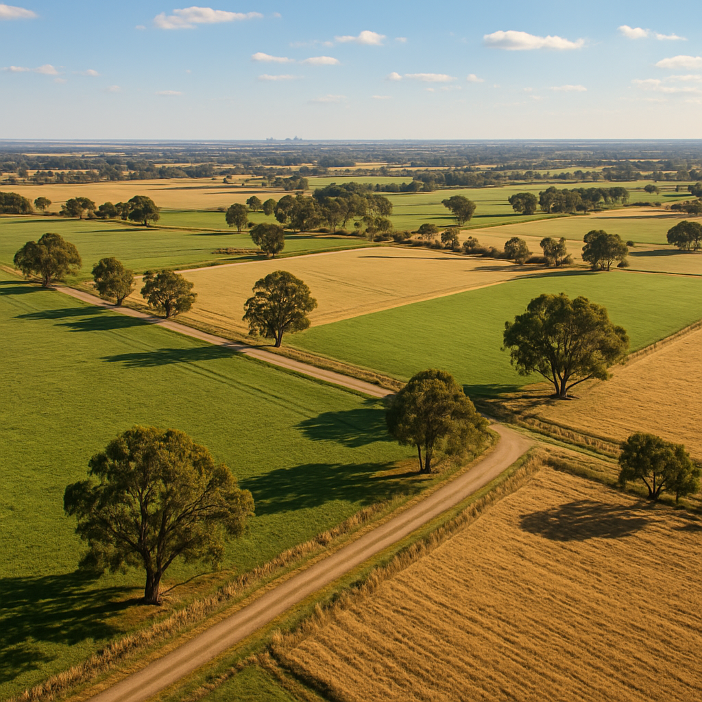 Aerial view of rural Victorian farmland near Ballarat, showing the region surrounding Burrumbeet
