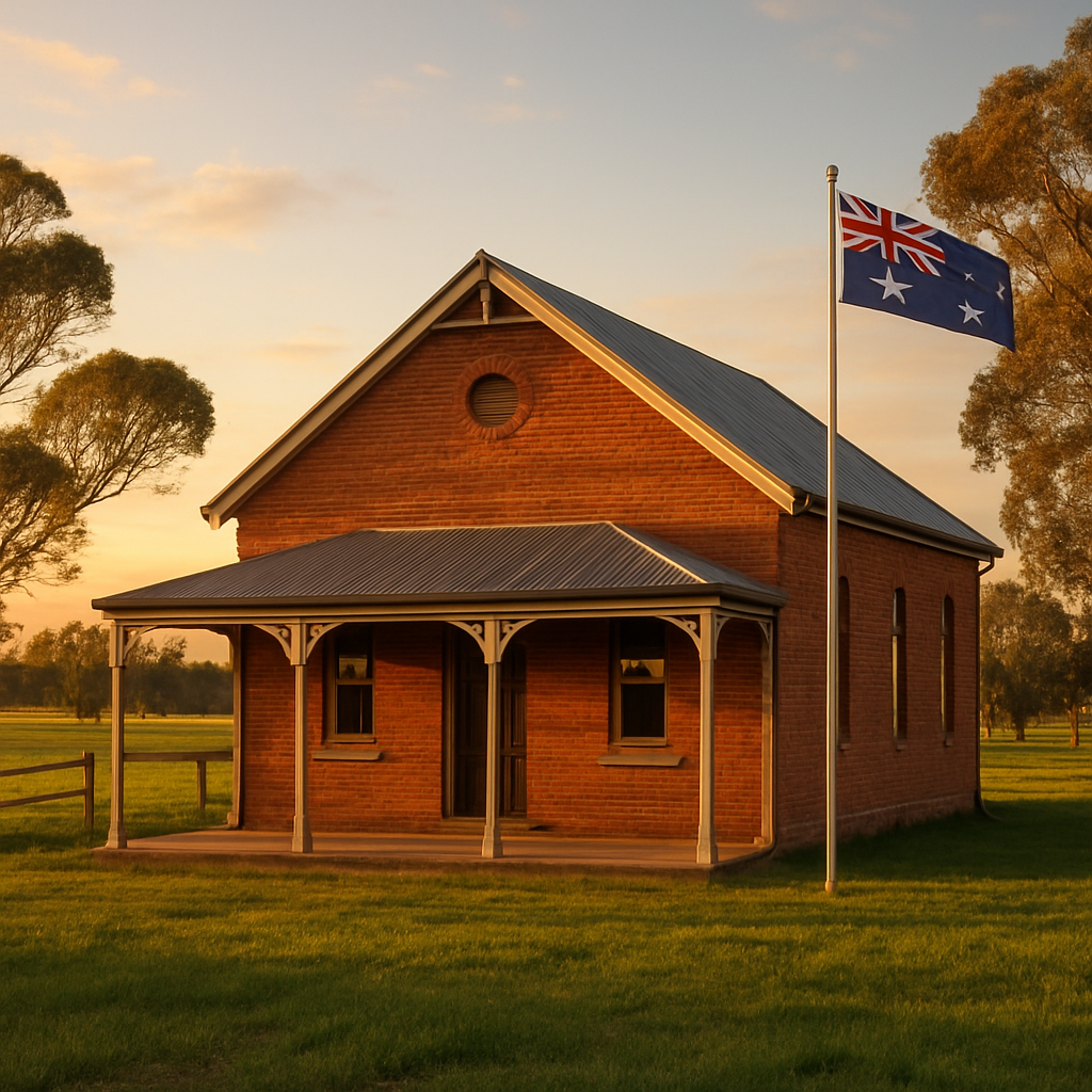 Exterior of Burrumbeet Soldiers Memorial Hall at golden hour