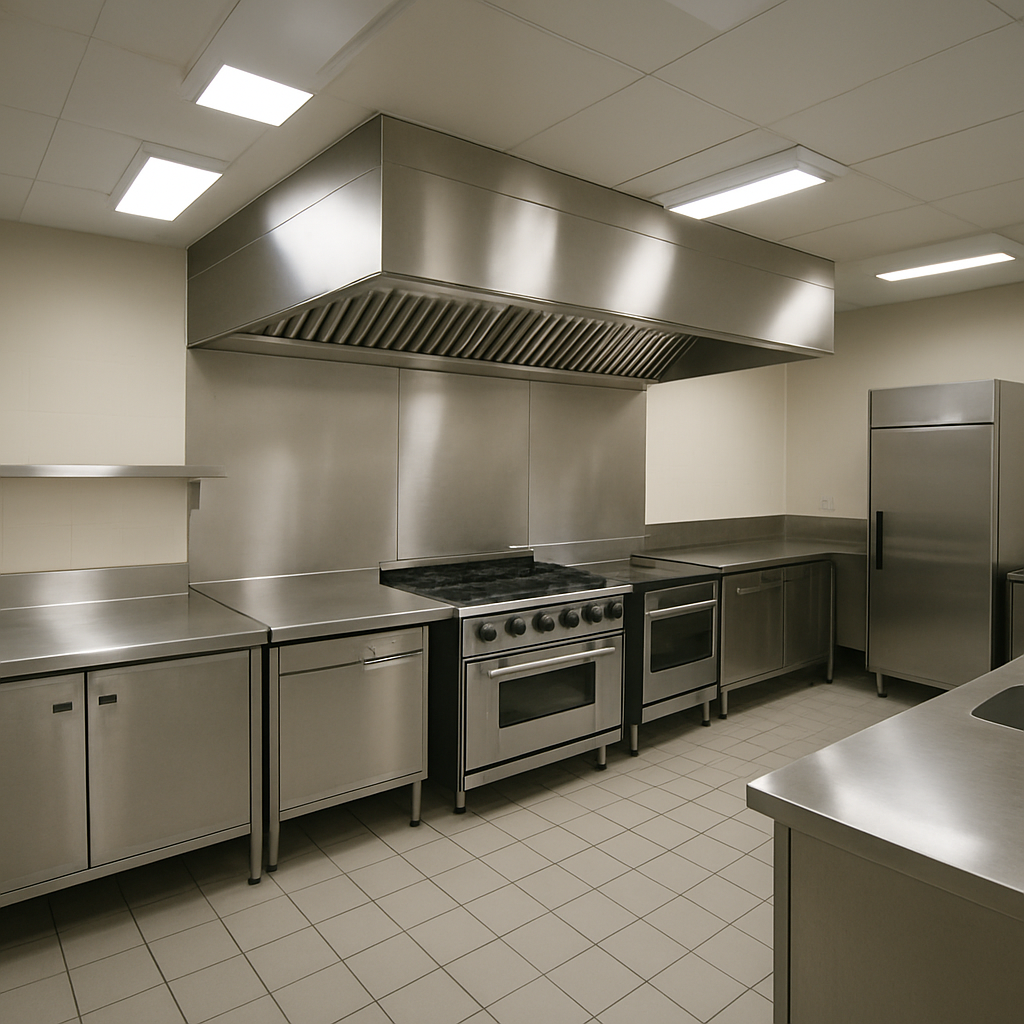 Commercial kitchen with stainless steel benches and appliances