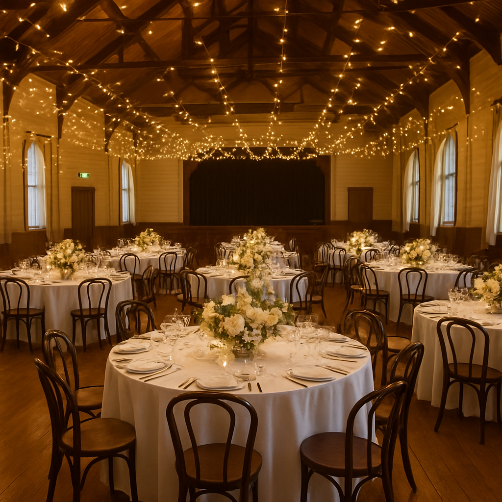 Burrumbeet Soldiers Memorial Hall set up for a wedding reception with decorated tables